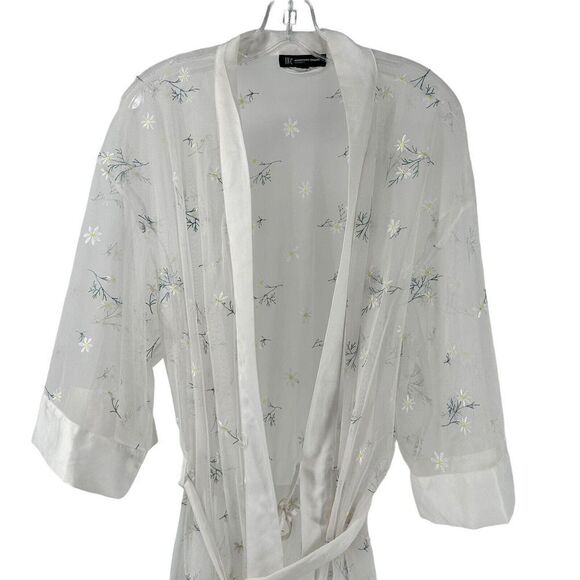 INC Intimates Robe Womens Size XXL White Sheer Floral Embroidered Satin Trim - Picture 3 of 9